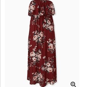 Brick Red Floral Challis Strapless Maxi Dress